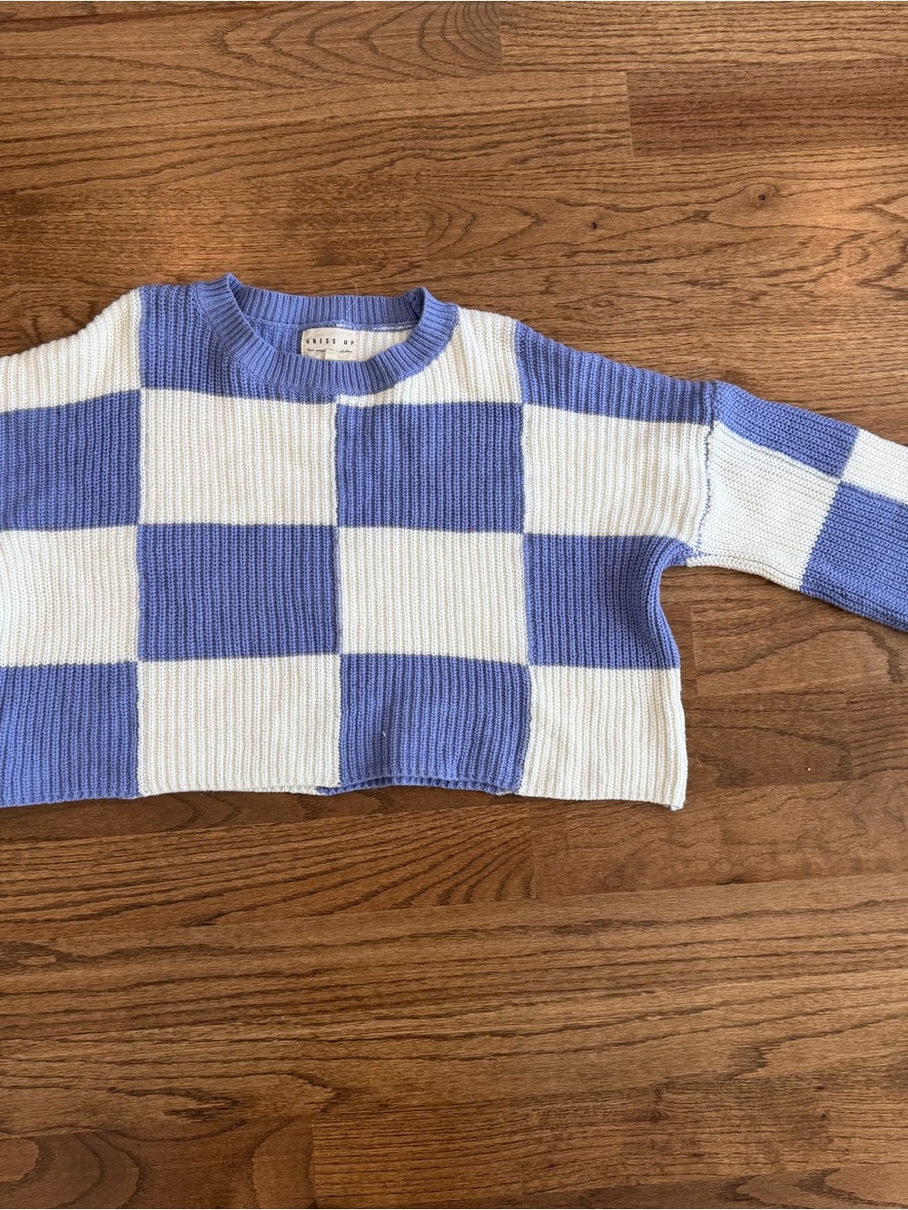 Checkerboard Cropped Crewneck Sweater - Lavender & White